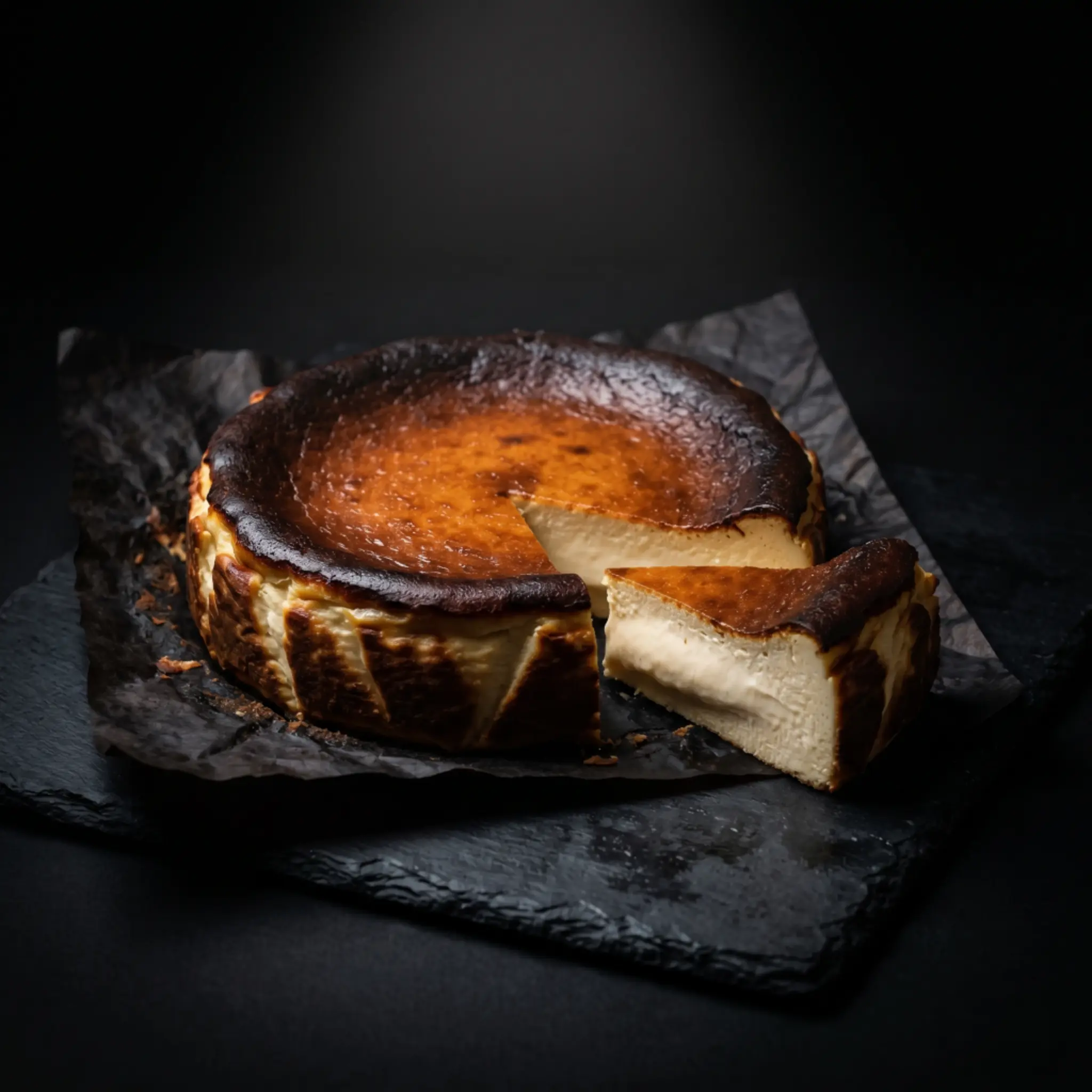 Basque burnt cheesecake with a slice removed