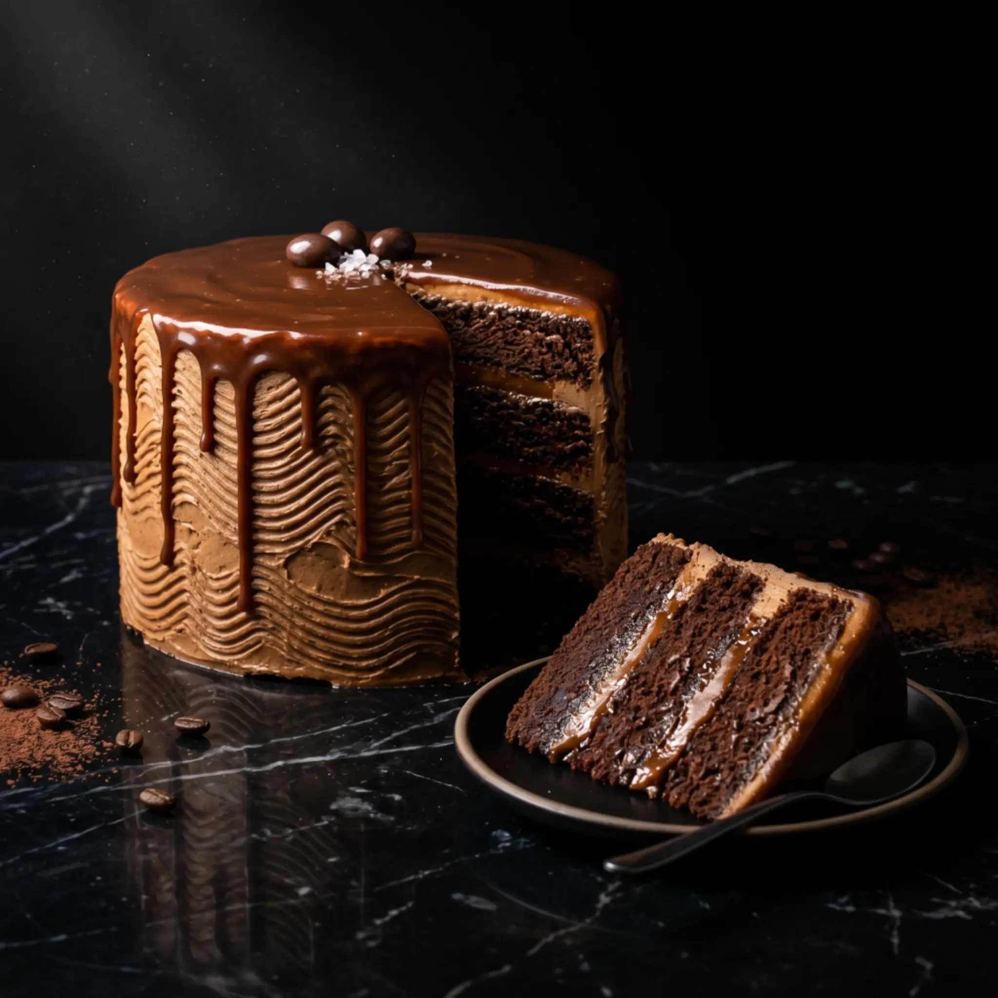 Chocolate layer cake with caramel drizzle and a slice on a plate