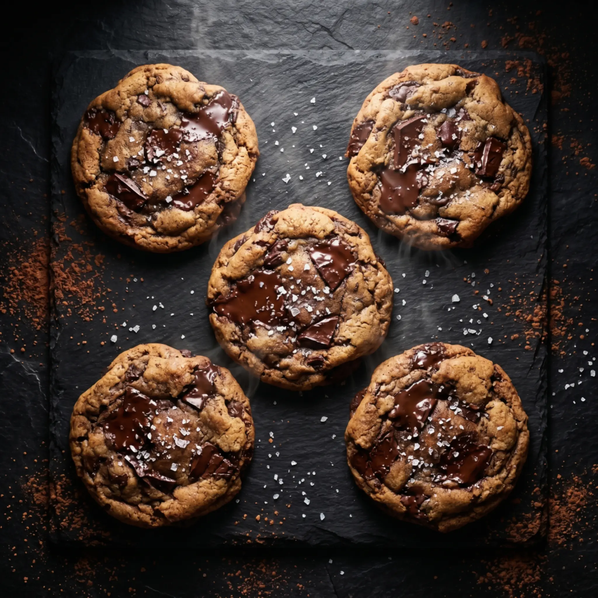 Homemade chocolate chip cookies with melted chocolate and sea salt