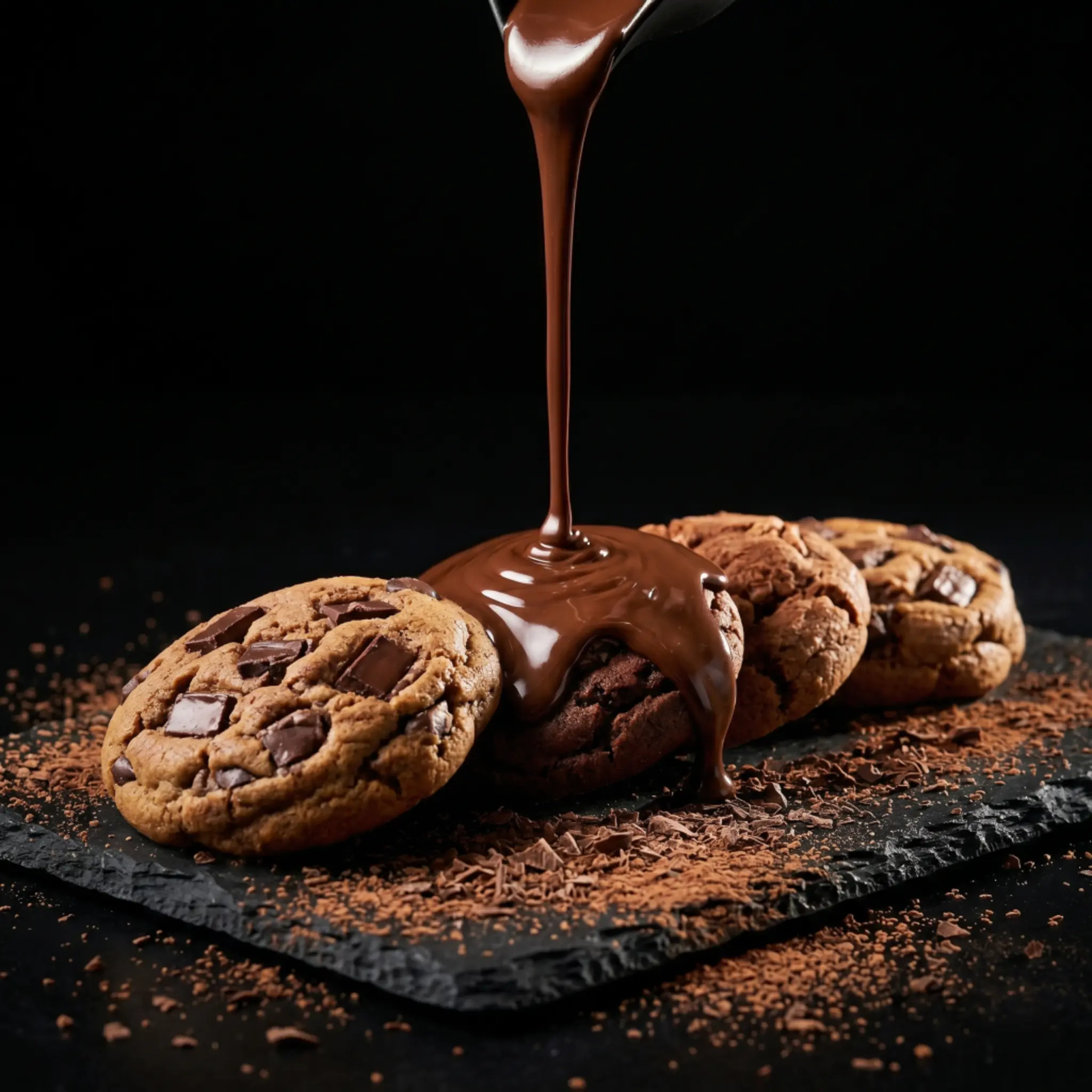 Chocolate chip cookies with melted chocolate being poured on top