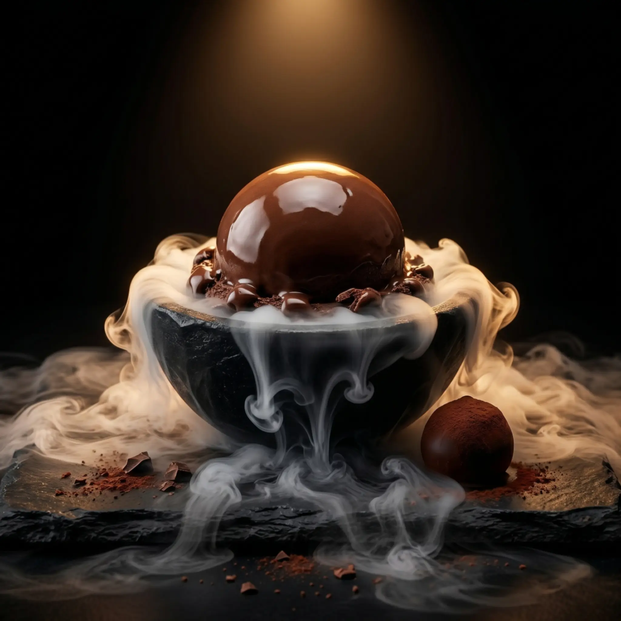 Chocolate dessert bowl with a glossy chocolate sphere and smoke