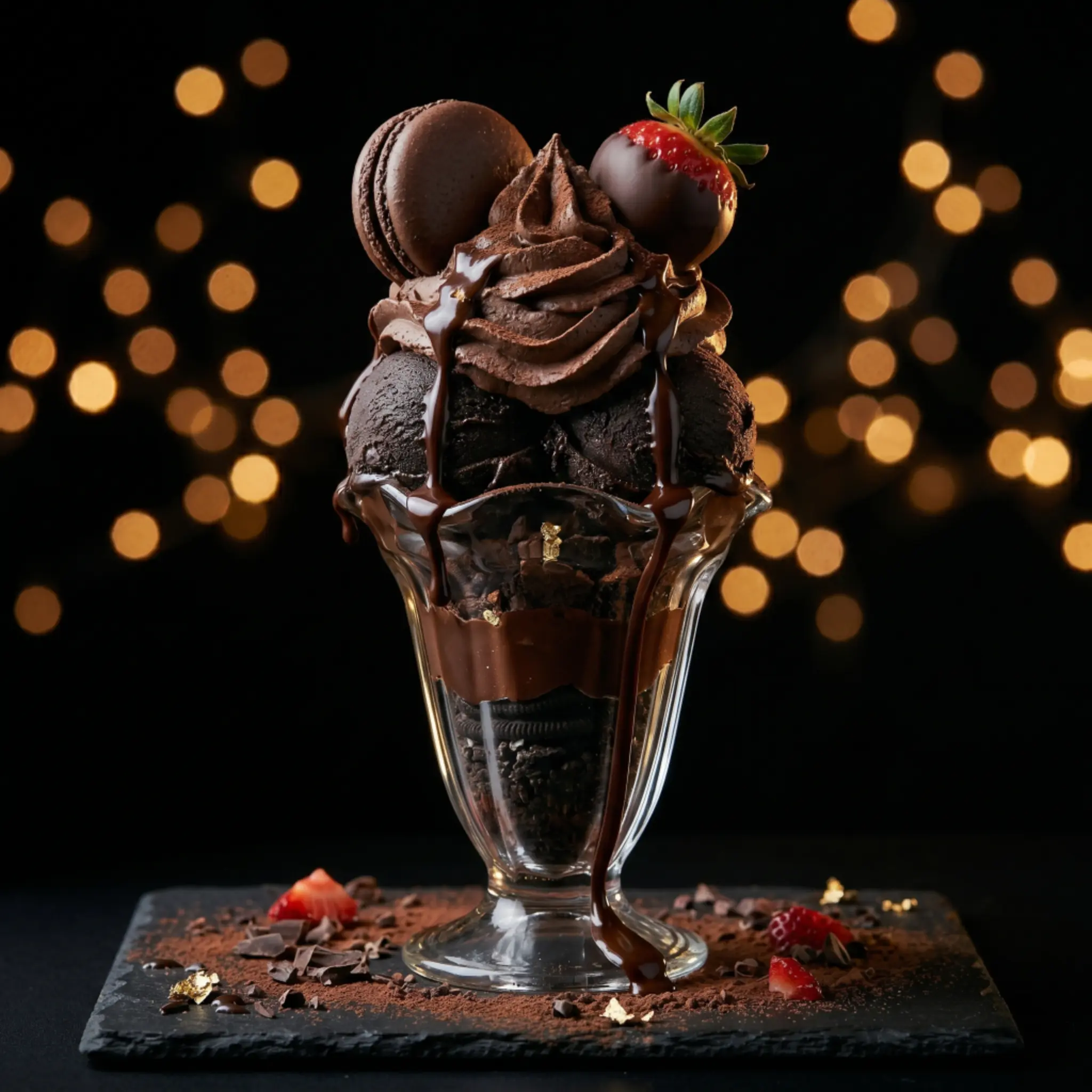 Chocolate ice cream sundae in a glass with whipped chocolate cream and strawberries
